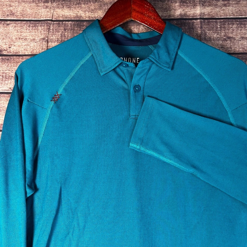 Rhone Mens Delta Pique Long Sleeve Performance Polo Shirt Teal Blue Size S Golf